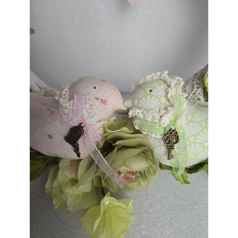 Handmade Door Wreath Love Birds Soft Pink Green Spring Time Floral Wreath 15